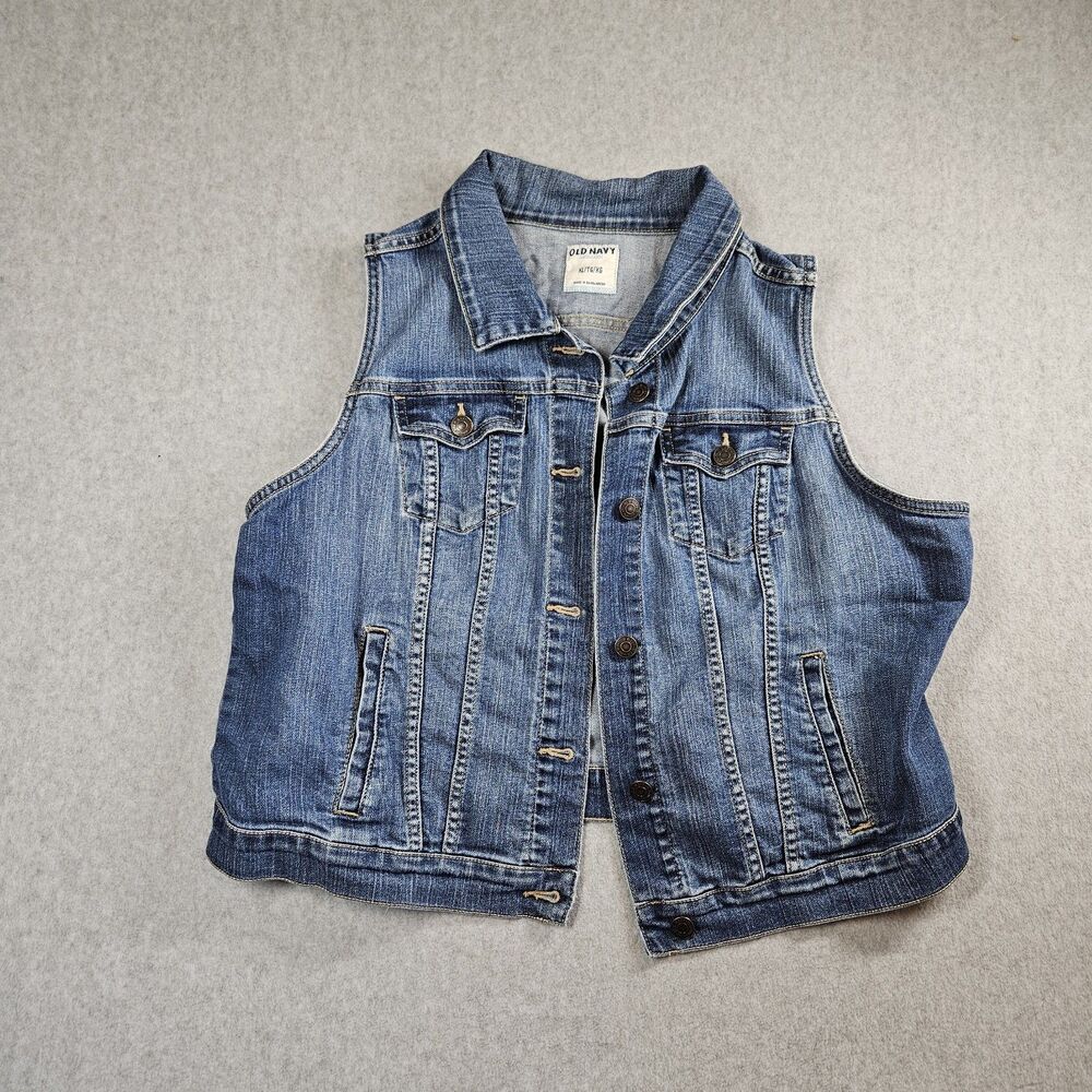 Old Navy Women's Blue Denim Vest Sz XL Collared Button Pockets Sleeveless